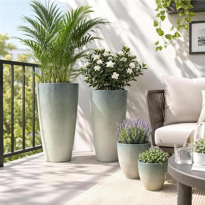 ZMTECH 24/21/12/10 Inch Charcoal Gray Green Gloss Planter Set, 4 Pack Large Outdoor Planters with Drainage Holes & Saucers, Glossy Smooth Lightweight Plastic Plant Pots for Indoor Patio Garden Décor