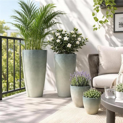 ZMTECH 24/21/12/10 Inch Charcoal Gray Green Gloss Planter Set, 4 Pack Large Outdoor Planters with Drainage Holes & Saucers, Glossy Smooth Lightweight Plastic Plant Pots for Indoor Patio Garden Décor