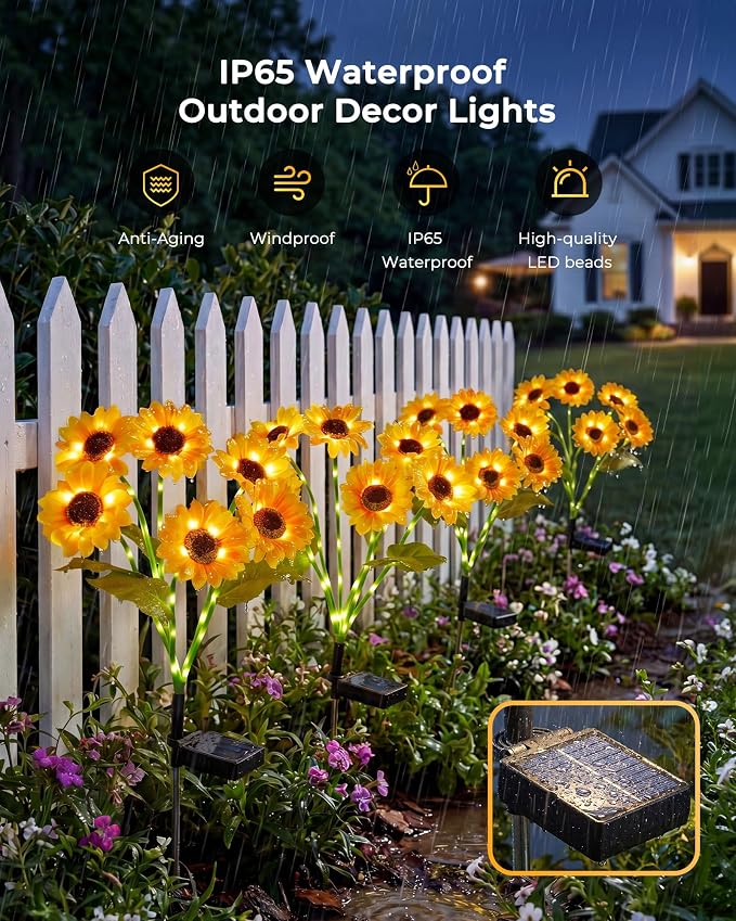 Brightown 3 Pack Solar Sunflowers Garden Decor,18 Solar Powered Sunflowers for Outside with Glowing Stems, Waterproof Solar Flowers Outdoor, Auto On Off Decorative Stakes Light for Yard, Patio, Lawn | 18 glowing stem sunflowers, waterproof solar powere...