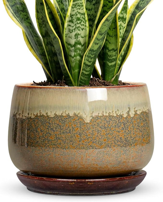 Ceramic Planter - 9 Inch Ceramic Plant Pots for Indoor Plants, Round Planter with Drainage and Saucer, Decorative Indoor Flower Pots, Office Home Garden Decor, Plant Lover Gifts, Brown-Beige