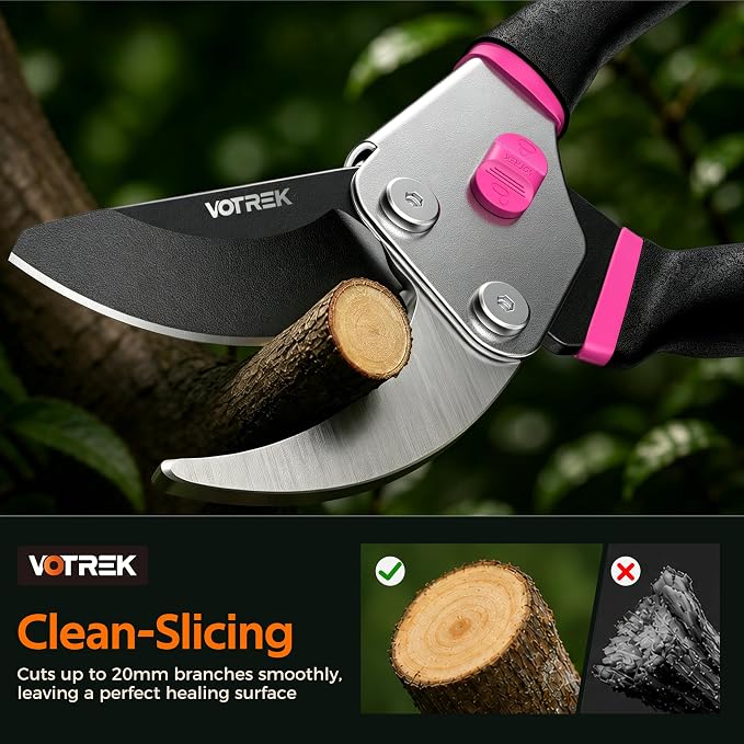 VOTREK® Pruning Shears, 8.5” Professional Garden Pruner with Jam-Proof Spring & Ever-Sharp SK5 Blade, Ergonomic Bypass Clippers for Rose, Tree, Heavy Duty Bonsai Scissor for Weak Hand