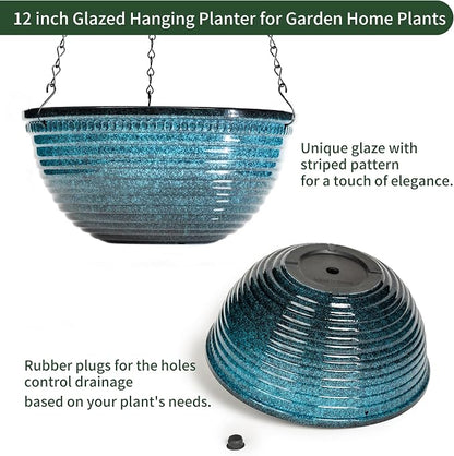 Vanslogreen 12 inch Hanging Planters for Indoor Outdoor Plants, 2 Pack Large Hanging Flower Pots with Drainage Holes and Chain, Glazed Hanging Baskets for Home Garden Decoration, Blue