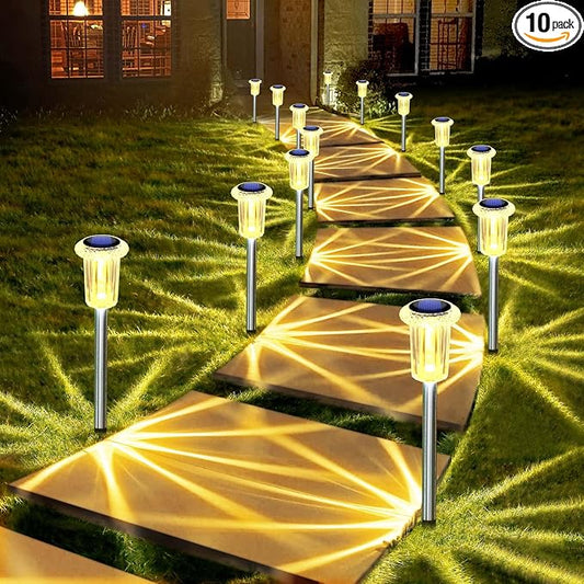 DenicMic Solar Garden Lights Outdoor Waterproof 10Pack 3000K Warm White LED | Pathway Walkway Driveway Yard Garden Decor for Outside Starburst Light Pattern, Diamond-like Lampshade Stainless Steel Pole