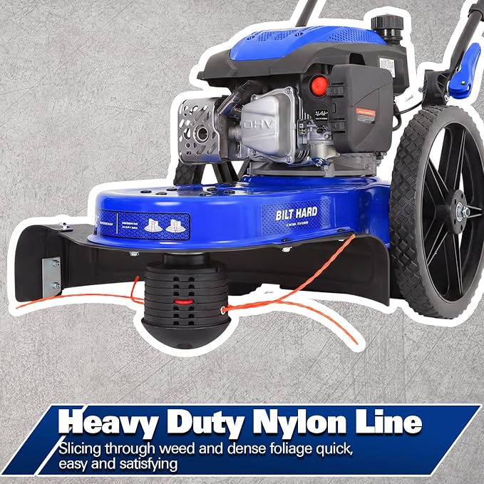 BILT HARD Walk Behind String Trimmer, 170cc 4-Cycle Gas Brush Hog Mower, 22 Inch Cutting Diameter, Push Weed Eater with 14 Inch Flat Free Wheels, Brush Cutter for Farm, Lawn, Yard
