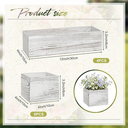 Leinuosen 12 Wooden Planter Boxes Set, 4 Pcs 12 x 4 Inch Rectangle Wood Planter Box 8 Pcs 4 x 4 Inch Wooden Cube Flower Pots Rustic Square Wood Vase for Centerpiece Wedding Decoration(Classic,White)