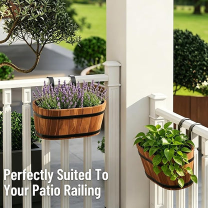 2-Pack Wooden Railing Planters, 13.2 inch Hanging Flower Pots with Detachable Hooks for Balcony, Fence, Deck, Garden, Country Home Decor -Brown