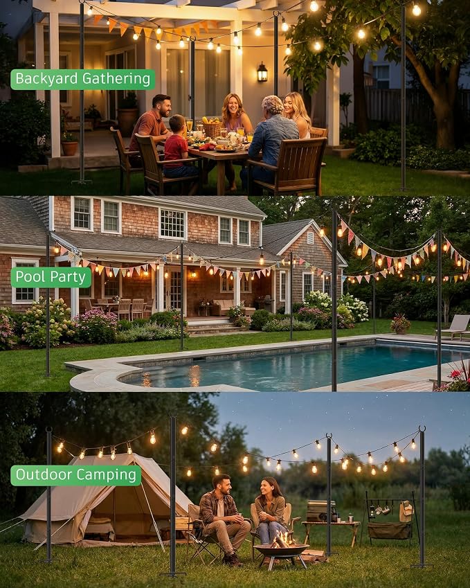 LAND·VOI Outdoor String Light Poles 4 Pack, Heavy Duty String Light Poles for Outside with 5-Prong Base & Adjustable Height, Perfect for Backyard, Patio, Garden, Fence and Party Decor