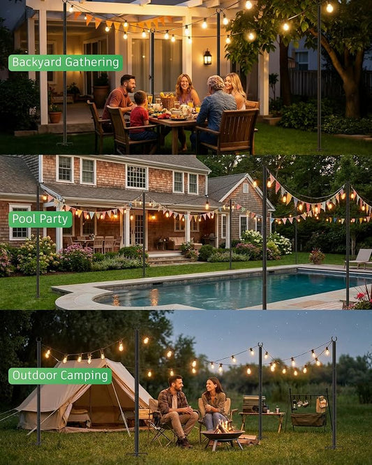 LAND·VOI Outdoor String Light Poles 2 Pack, Heavy Duty String Light Poles for Outside with 5-Prong Base & Adjustable Height, Perfect for Backyard, Patio, Garden, Fence and Party Decor