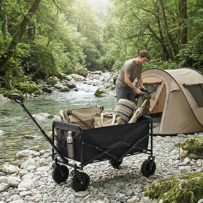 OLIXIS Collapsible Wagon 102L Standard Heavy Duty Utility Folding Wagon Cart with Lockable Brake Wheels – 330 lbs Weight Capacity, Flexible Handle for Beach, Grocery, Camping, Sports & Garden, Black