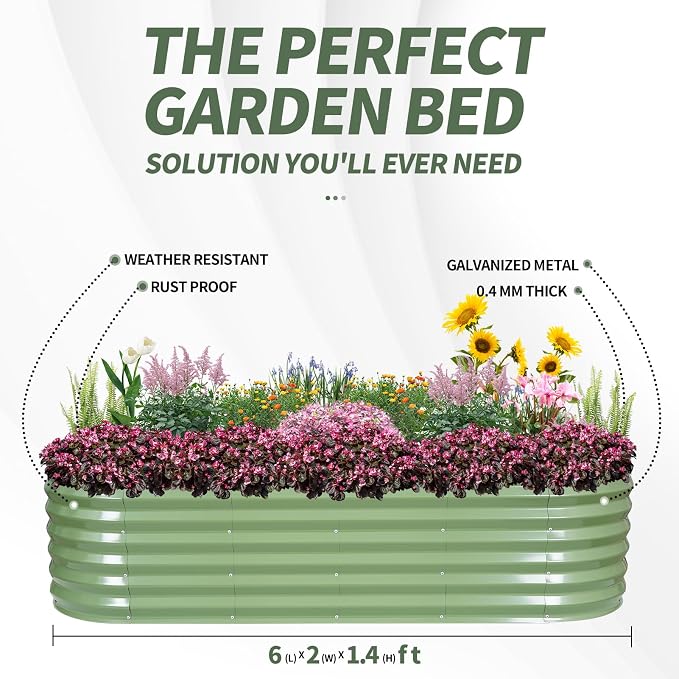 1MORE Galvanized Raised Garden Bed- Planter Garden Boxes Outdoor, Raised Beds for Gardening, 6x2x1.4ft Metal Garden Bed Kit for Vegetables Flower, Planter Raised Bed with Protective Tape & Tools.Green