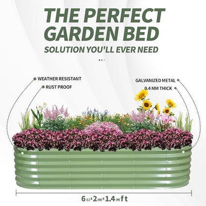 1MORE Galvanized Raised Garden Bed- Planter Garden Boxes Outdoor, Raised Beds for Gardening, 6x2x1.4ft Metal Garden Bed Kit for Vegetables Flower, Planter Raised Bed with Protective Tape & Tools.Green