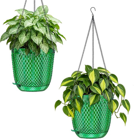 QCQHDU 5.7 Inch 2 Pack Small Hanging Planters for Indoor Outdoor Plants,Self Watering Flower Pots Hanging Basket Plant Hanger with Drainage Holes and 3 Hooks for Window Porch Garden Balcony, (Green)