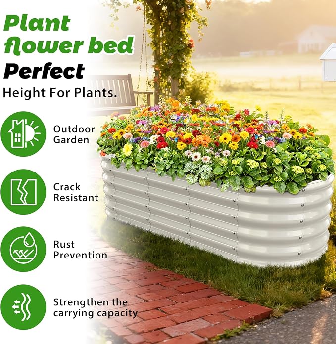 17" Tall Oval-Shaped / Elliptic Metal Raised Garden Bed Outdoor Cream White | 60X24X17 Inch,1.5 FT Tall,0.8MM Thick Galvanized Metal Painted,for Variety of Flowers,Herbs,Vegetables.with Gloves,Tool free