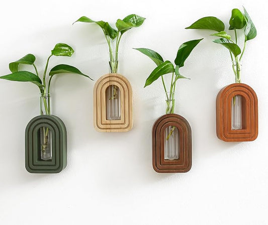 GRID FORTE Wood Wall Arched Propagation Vases (Set of 4), Hanging Plant and Flower Vases, Home Decor Boho Wall Decoration for Living Room Bedroom