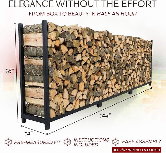 Woodhaven 12-foot Brown Firewood Rack – Made in USA – 3/4 Cord Raised Lumber Storage Rack – Keeps Wood Dry & Ready – Heavy-Duty Steel, Lifetime Structural Warranty (Without Cover)