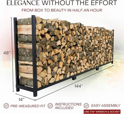 Woodhaven 12-foot Brown Firewood Rack – Made in USA – 3/4 Cord Raised Lumber Storage Rack – Keeps Wood Dry & Ready – Heavy-Duty Steel, Lifetime Structural Warranty (Without Cover)