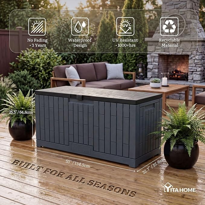 YITAHOME 120 Gallon Large Deck Box | 53"L x 22.7"W x 25.5"H Resin Outdoor Storage Box with Slide-Locking Black Lid for Patio Cushions, Garden Tools, Pool