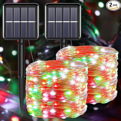 Solar Christmas Lights Outdoor Waterproof, Red White Green Fairy String Lights, IP67 2PACK Total 200LED 66FT with 8Modes, Outside Christmas Decorations Lights for Tree, Garden, Patio, Fence, Balcony
