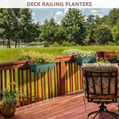 Deck Railing Planter Box Set of 2, Fence Hanging Balcony Window Boxes Planters with Adjustable Plant Hanger Bracket, 17" Railing Flower Boxes Outdoor for Porch Rail Patio Garden Décor, Green