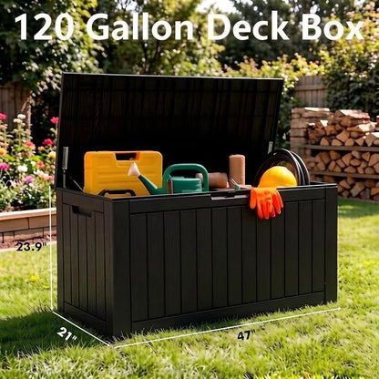 Outdoor Storage Box, 120 Gallon Resin Deck Boxes Outdoor Waterproof For Patio Furniture, Garden Tools, Pool Supplies, Lockable And UV Resistant (Striped Black)