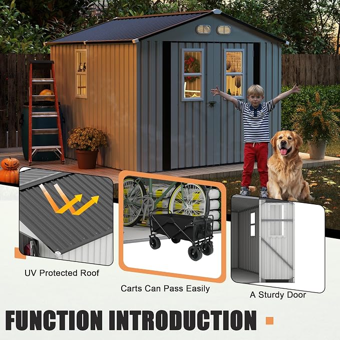 KEIKI 8x8 Outdoor Storage Shed, Metal Garden Shed with 4 Windows and Lockable Doors, Heavy Duty Steel Storage House for Backyard Patio Lawn, Bike Storage, Tool Room, Pet Shelter, White
