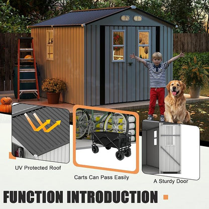 KEIKI 8x8 Outdoor Storage Shed, Metal Garden Shed with 4 Windows and Lockable Doors, Heavy Duty Steel Storage House for Backyard Patio Lawn, Bike Storage, Tool Room, Pet Shelter, White