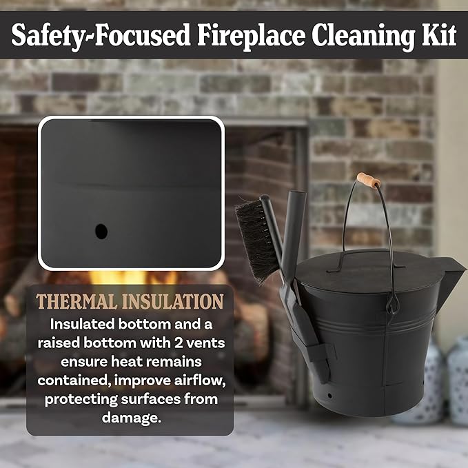 Pure Garden Ash Bucket - Metal Bucket with Lid (2.11-Gallon), Broom, and Shovel for Fireplace or Firepit Ashes - Fireplace Tools (Black) - 1 Count