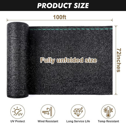 Artpuch 70% Black Garden Shade Cloth Roll for Plants, Sun Shade Cover Fabric Roll with UV Block Shades Netting Mesh Privacy Fence Screen for Greenhouse, Backyard, Patio, 6' x 100 FT