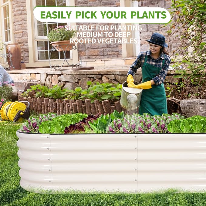 Galvanized Raised Garden Bed - 6x2x1.4FT Metal Planter Boxes Outdoor | Oval Steel Raised Bed Kit for Gardening with Protective Tape, Gloves for Vegetables, Flower, Herb (White)