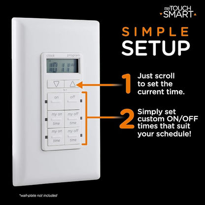 myTouchSmart in-Wall Digital Timer,4 Programmable On/Off Buttons,2 Easy On/Off Buttons,24 Hour Daily Cycles,Blue LED Indicators with Battery Backup for Indoor/Outdoor Lights, Fans, 26893 (Pack of 3)