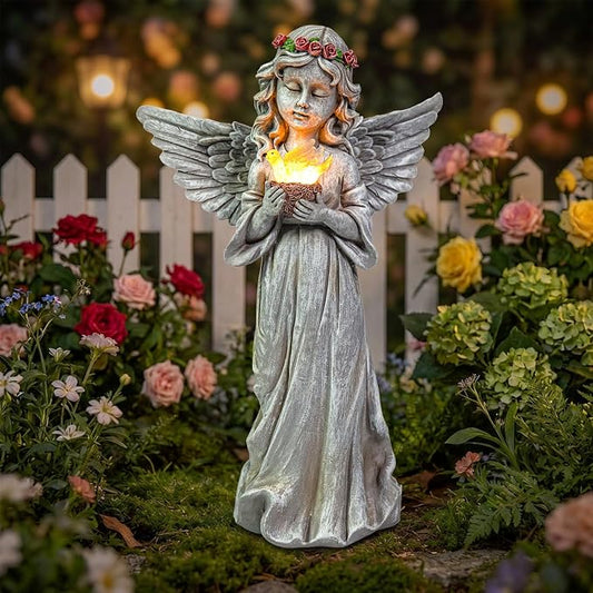 Angel Garden Statue Outdoor Decor, Angel Garden Figurine Hold Bird's Nest with Solar Lights Waterproof Resin Yard Art Decoration Lawn Ornament Sculpture for Outside Patio Yard Gift