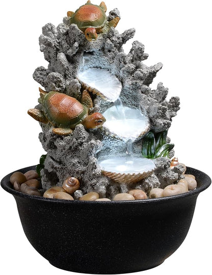 Indoor Tabletop Turtle Water Fountain with LED Light – Coastal Sea Life Desk Waterfall Feature with Soothing Sounds and River Rocks, Ocean Zen Decor for Home Office