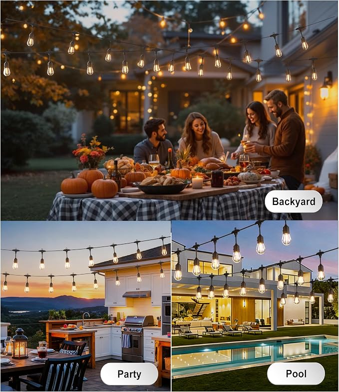 Outdoor-String-Lights-100FT-Patio-Light with 32 Shatterproof S14 Dimmable Edison Bulbs, Connectable Heavy Duty Outdoor lighting, Commercial Grade Waterproof String Light for Porch Market Backyard