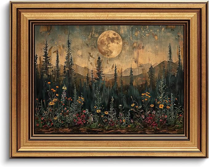 Devunaty Gold Framed Vintage Forest Full Moon Wall Art, Moonlit Pine Tree Wall Decor Paintings,Wildflowers and Mountains Rustic Woodland Nature Landscape Picture Canvas Print for Living Room 12"x16"