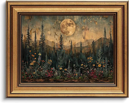 Devunaty Gold Framed Vintage Forest Full Moon Wall Art, Moonlit Pine Tree Wall Decor Paintings,Wildflowers and Mountains Rustic Woodland Nature Landscape Picture Canvas Print for Living Room 12"x16"