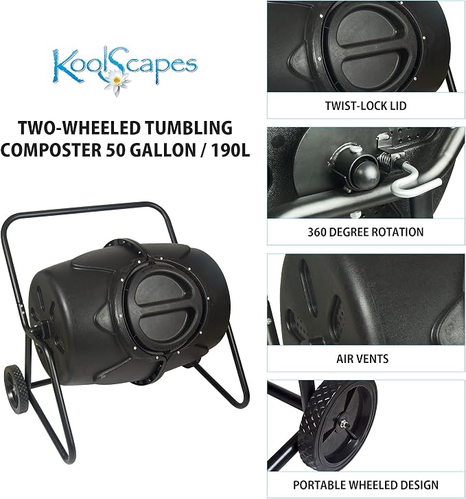 KoolScapes Wheeled Tumbling Composter, 50-Gallon, Black