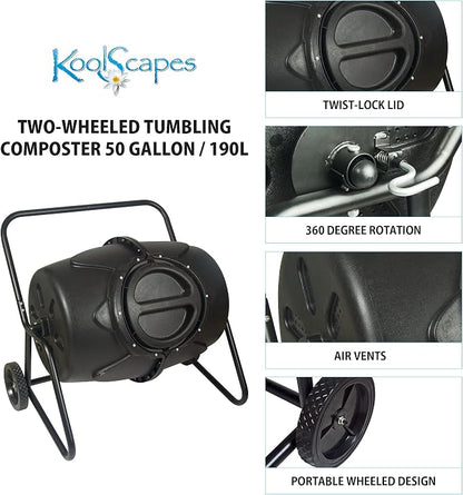 KoolScapes Wheeled Tumbling Composter, 50-Gallon, Black