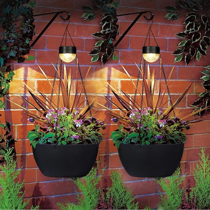 SUNNYPARK 2 Pack Solar Hanging Planters for Plants Outdoor | Self Watering, Black Flower Pots with Solar Light, Hanging Garden Planters with Drainer for Balcony Patio Outdoor Decor