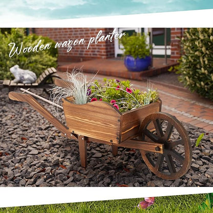 Beeveer Wooden Wagon Flower Planter Cart Garden Planter Box with Wagon Wheels Cart for Home Garden Outdoor Balcony Decorative, Patio Flowers Herbs Vegetables, Brown(Rustic)