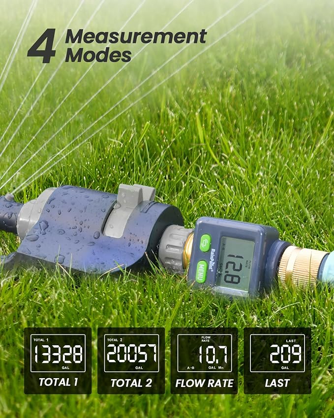 RAINPOINT Water Flow Meter with Brass Inlet & Outlet, 180° Screen-Flip Water Meter, Measure Gallon/Liter Consumption for RV Filling, Garden Watering, Sprinkler and Hoze Nozzle, 2pcs