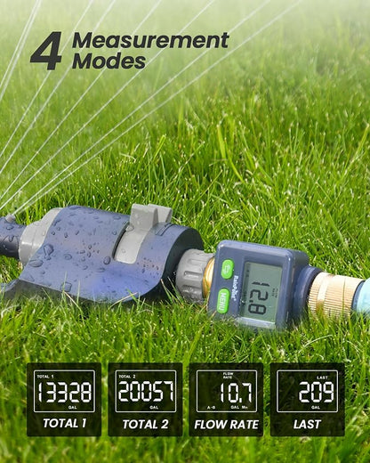 RAINPOINT Water Flow Meter with Brass Inlet & Outlet, 180° Screen-Flip Water Meter, Measure Gallon/Liter Consumption for RV Filling, Garden Watering, Sprinkler and Hoze Nozzle, 2pcs