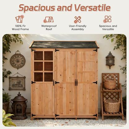 Merax Outdoor Wood Large Patio Garden Storage Shed with Waterproof Roof, 3 Doors Storage Cabinet with Workstation, 7 Storage Shelves, 2 Drawers and 6 Hooks for Backyard, Natural