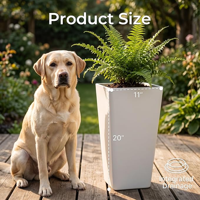 KOL Planters for Outdoor Plants, 20 Inch Tall White Flower Pots 2 Pack, Large Plastic Plant Pots with Drainage Hole and Dual-Purpose Tray, Decorative Indoor Planter for Front Porch Patio Garden