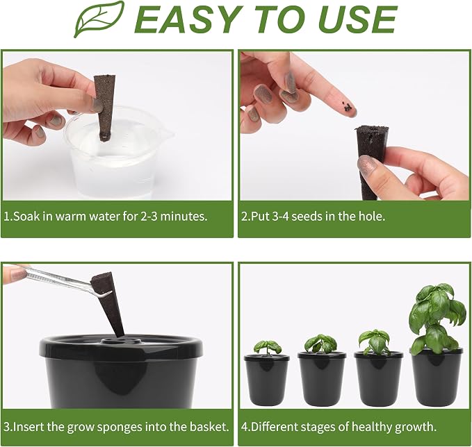 Kratky Method Hydroponic Planter Kit, 8 Hydroponic Planter Plus 24 Growing Sponges for Herbs, Hydroponic Mini Buckets for Windowsill Herb Garden, Hydroponic Growing System for Vegetables (Black)