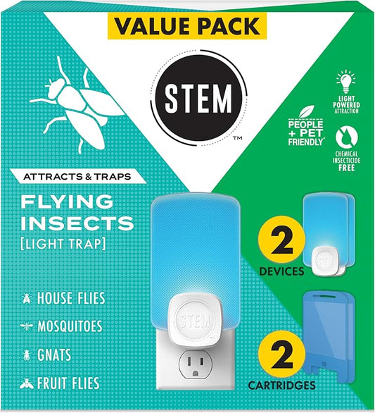 STEM Flying Insect Trap - Indoor Fruit Fly & Gnat Catcher for Home, Kitchen & Any Room, Attracts & Traps Bugs, Soft Blue UV Light - Includes 2 Plug-In Devices & 2 Cartridges