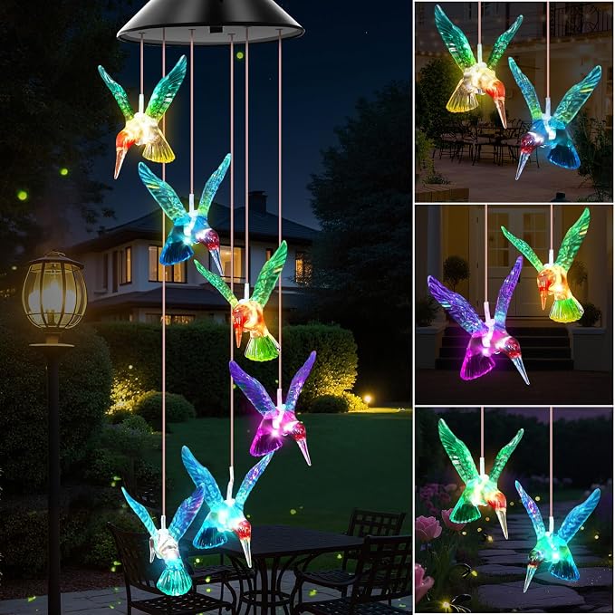 WENANA Blue Hummingbird Solar Wind Chimes Color Changing Lights Outdoor, Best Gifts for Mom Grandma Women Wife Aunt Daughter Sister, Unique Mobile Wind Chime, Gardening Yard Decorations