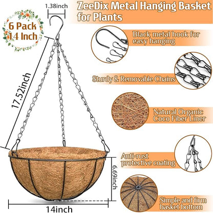 ZeeDix 6 Pack 14 Inch Metal Round Hanging Planter Basket with Coconut Liners Replacement, Hanging planters Baskets with Natural Coco Liner for Outdoor Indoor Planters Flowers Vegetables
