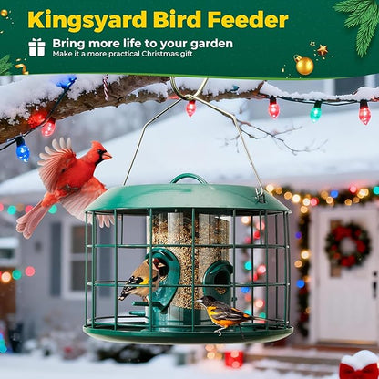 Kingsyard Tube Squirrel Proof Bird Feeders for Outdoor Hanging, Metal Caged | Rain Proof Covered, Wildbirds Finches Bluebird, 4 Feeding Ports, Green
