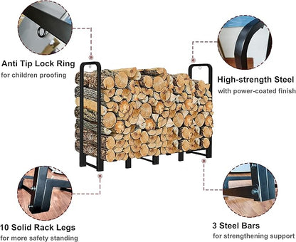 Firewood Rack Stand 6ft Heavy Duty Logs Carrier Holder for Outdoor Indoor Fireplace, Matte Black