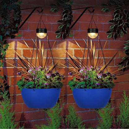 SUNNYPARK 2 Pack Solar Hanging Planters for Plants Outdoor | Self Watering, Blue Flower Pots with Solar Light, Hanging Garden Planters with Drainer for Balcony Patio Outdoor Decor